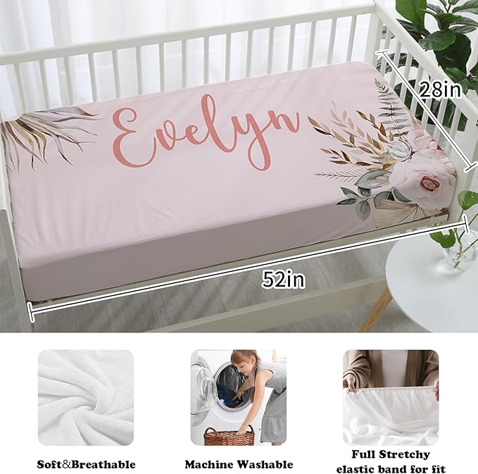 Custom Nursery Crib Bedding Set: 4 Piec Bohemian Flowers Baby Crib Sets for Girls with Personalized Name - Toddler Double Layer Blanket Set, Comfortable Crib Bed Sheets for Baby Toddlers