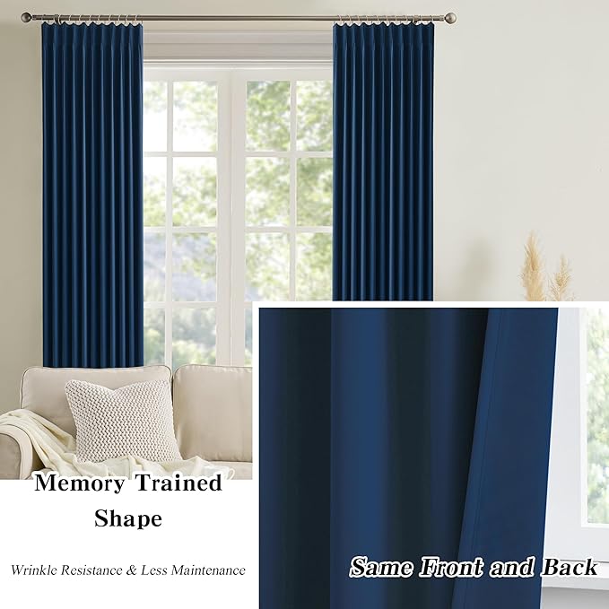 KEQIAOSUOCAI Navy Pleat Wide Width Drapes 80 x 96 inch Long 2 Panels - Thermal Insulated Room Divider Curtains for Bedroom/Living Room/Patio, Pinch Pleated Curtain Panel with Hooks