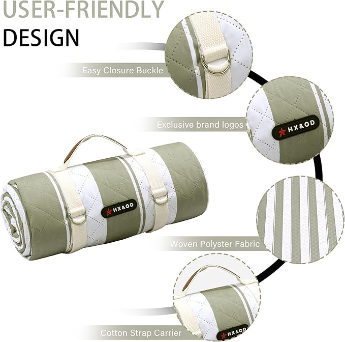 HX&OD Outdoor Picnic Blanket Extra Large, 80''*80' Waterproof Picnic Mat with Stakes Foldable Camping Blanket Portable with Carry Strap for Beach Mat (Green, 80''*80'')