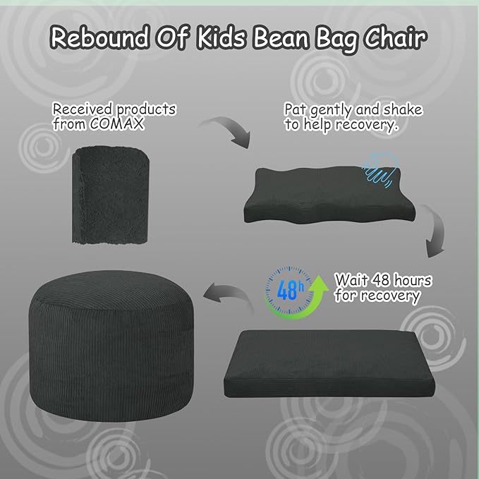 COMAX Bean Bag Chair for Kids 8-12, Toddler Beanbag Bed Corduroy, Convertible Child Bean Chair to Floor Mattress with Filler, Kid Reading Comfy Lounge Couch for Boys and Girls Bedroom, Dark Grey