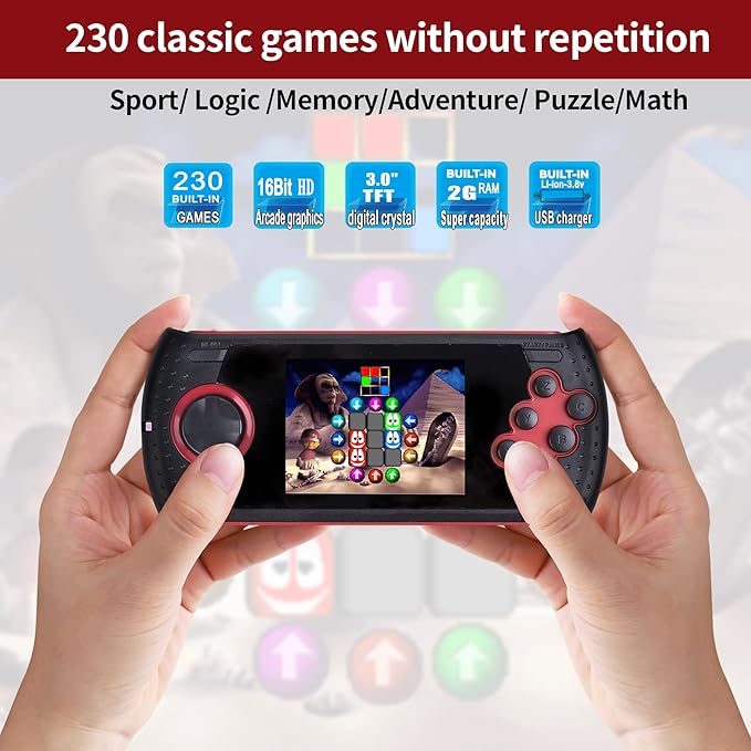 16 Bit Handheld Game for Kids Built-in 230 HD Classic Retro Video Games USB Rechargeable 3.0 Inch Childrens Travel Electronics Toys Portable Gaming Player System Gift for Boys Girls Ages 4-8-12