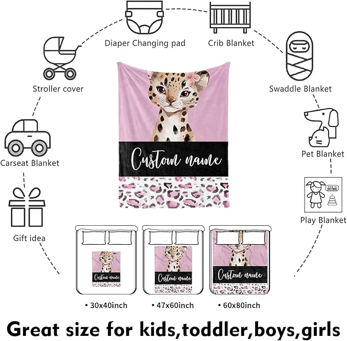 Custom Nursery Crib Bedding Set: Personalized Name 4 Piece Pink Leopard Elephant Design Baby Crib Sets for Girls - Toddler Double Layer Blanket Set, Comfortable Crib Bed Sheets for Baby Toddlers