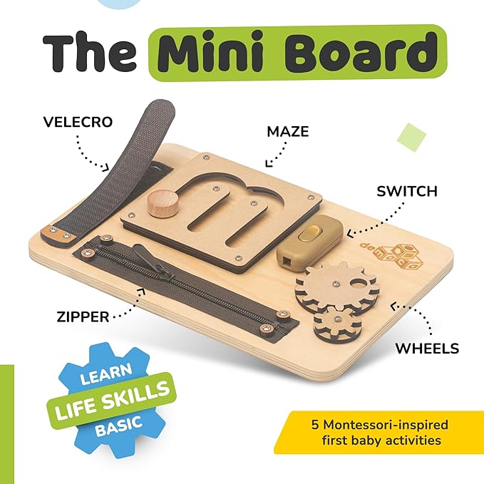 deMoca Baby Busy Board for 1 Year Old, Premium Montessori Toddler Travel Toy with Educational Activities, Sensory Travel Toys for Toddlers 1-3, Wooden Busy Board, Gift for Boy & Girl