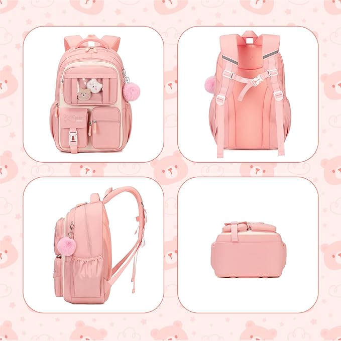 Kids Backpack for Girls School Bags for Middle School Students Book Bag for Elementary Primary Kawaii Ita Backpack, Pink and Beige