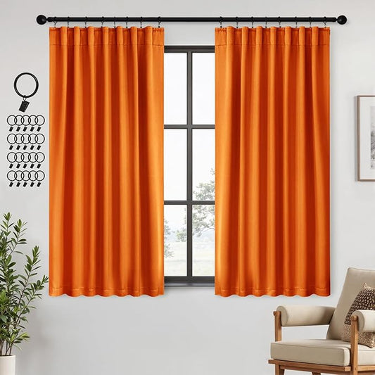 ANRODUO Back Tab Blackout Curtains for Bedroom Living Room, Rod Pocket Pinch Pleated Thermal Insulated Room Darkening Curtains 72 Inches Long 2 Panels, Orange, 42 x 72 Inch