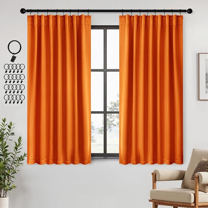 ANRODUO Back Tab Blackout Curtains for Bedroom Living Room, Rod Pocket Pinch Pleated Thermal Insulated Room Darkening Curtains 63 Inches Long 2 Panels, Orange, 42 x 63 Inch