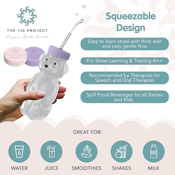 Honey Bear Straw Cup for Babies, Honey Bear Cups with Travel Lid, 2-Pack Therapy Learning HoneyBear Straw Sippy Cup for Toddlers, Cherry Blossom & Unicorn, 8 oz