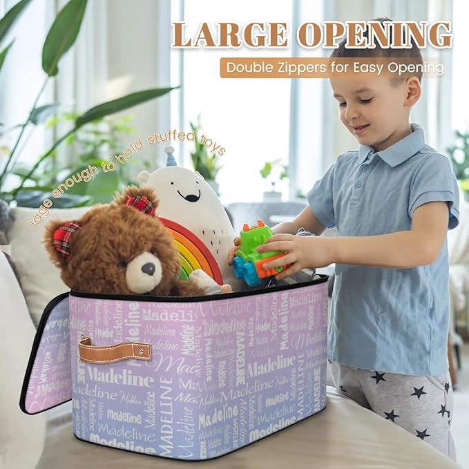 Custom Storage Basket with Name, Personalized Storage Bins with Zipper Lid, Foldable Fabric Storage Box Large capacity with Handle Pink Purple