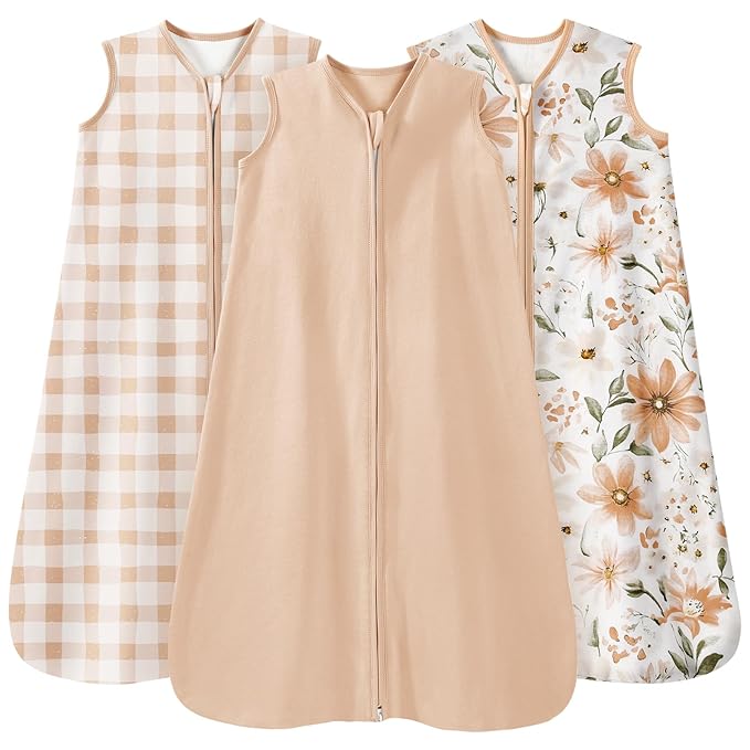 Baby Sleep Sack 0-6 Months Summer Sleep Sack 3 Pack 100% Cotton Baby Sleep Bag Wearable Blanket for Newborn Infant Orange Flowers & Plaid