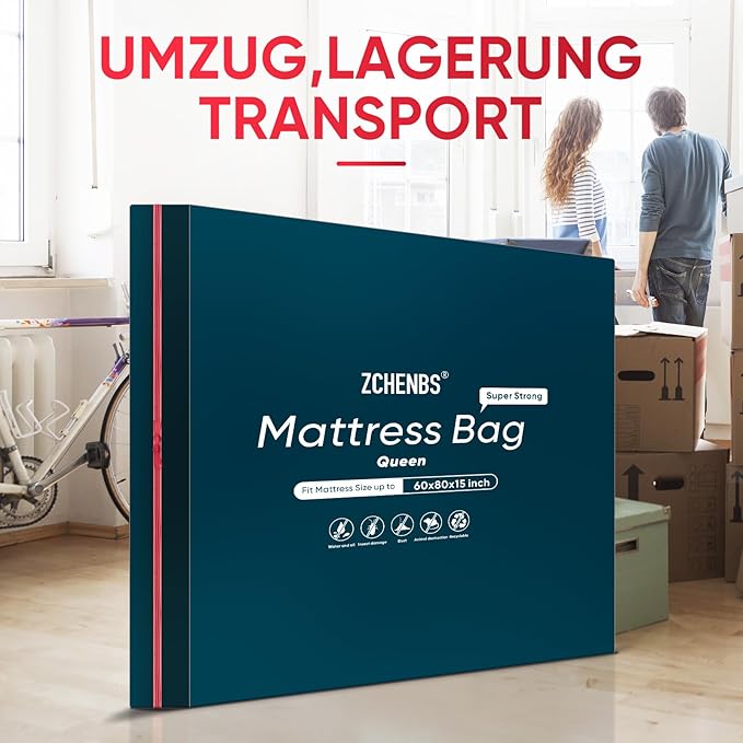 ZCHENBS® – Mattress Bags for Moving and Storage,Mattress Bag with Zippers,5 Mil Ultra-Thick Bed Bag,Waterproof,Anti-Tear,Heavy-Duty Mattress bag (Black, Queen-(1 Pack))