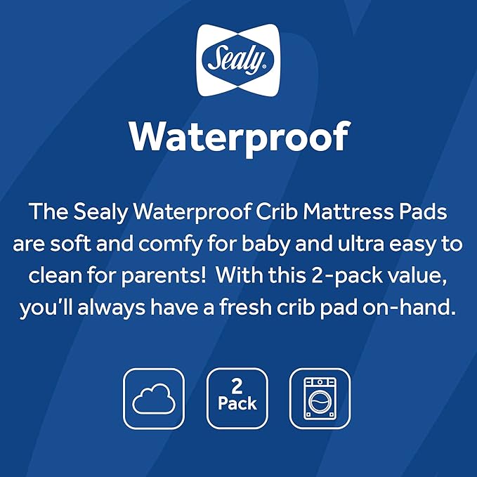 Sealy Baby 2-PACK Fitted Waterproof Infant Crib Mattress Protector Pad and Toddler Bed Cover, Durable and Comfortable Topper, Machine Washable and Dryer Friendly, 52x28”- White