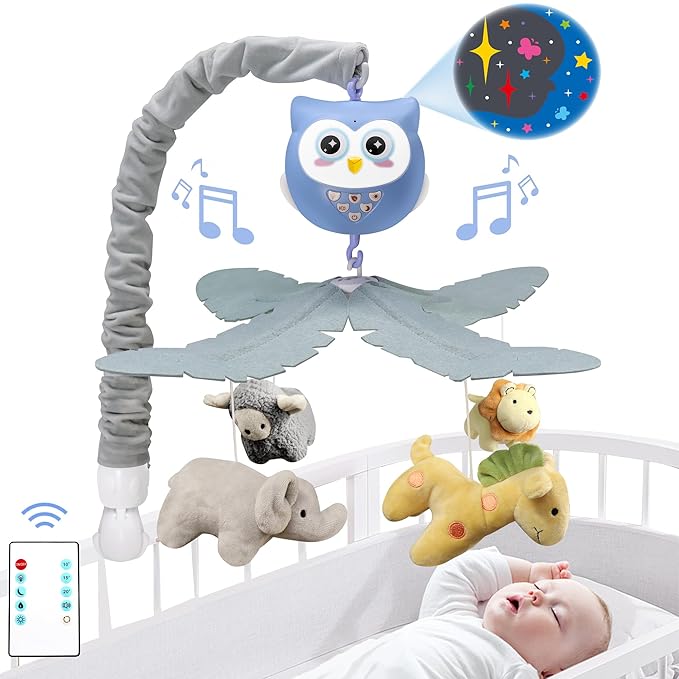 Baby Crib Mobile with Music and Lights for Boys Musical Mobile Animals for Crib Bassinet Girls Toys Hanging Portable Safari Nursery Decor Blue