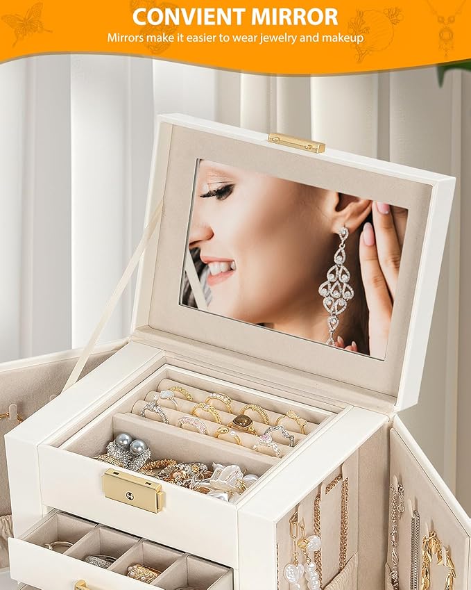AKOZLIN 4-Tier Jewelry Box Leather Jewelry Storage Organizer with 3 Drawers Lockable for Women Girls Ring Necklace Earring Bracelet Holder with Mirror White