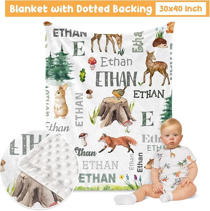 Custom Crib Bedding Set - Woodland Animals Design Personalized Name Baby Nursery Bed 3 Pcs Set - Chic Soft Blanket with Dotted Backing, Sheet, Pillowcase for Newborn Girls Boys Gifts Color13