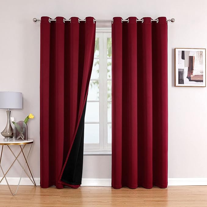 ChrisDowa 100% Blackout Curtains 80 inch Long for Bedroom with Black Liner, 2 Thick Layers Total Blackout Thermal Insulated Grommet Window Curtains 2 Panels Set (Burgundy, 52 x 80 Inch)