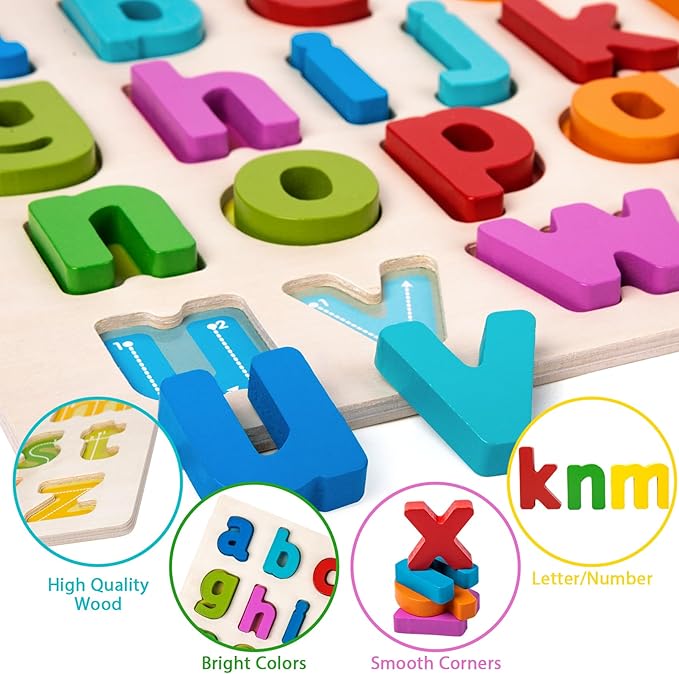 Alphabet Puzzle Wooden Puzzles for Toddlers 3 4 5 Year Old, ABC Puzzle Shape Alphabet Learning Puzzles Toys with Puzzle Board & Letter Blocks for Preschool Girls Boys Lowercase Letter Puzzle