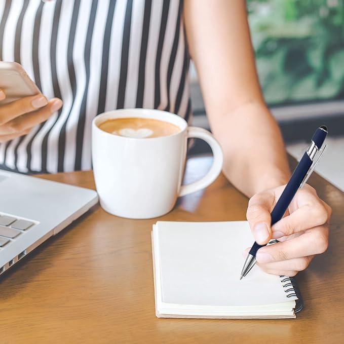 8 Pieces Ballpoint Pen with Stylus Tip Black Ink 2 in 1 Stylus Metal 1.0 mm Medium Point Smooth Pen Rainbow Colorful Rubberized Ballpoint for Touch Screen Tablet(Dark Blue)