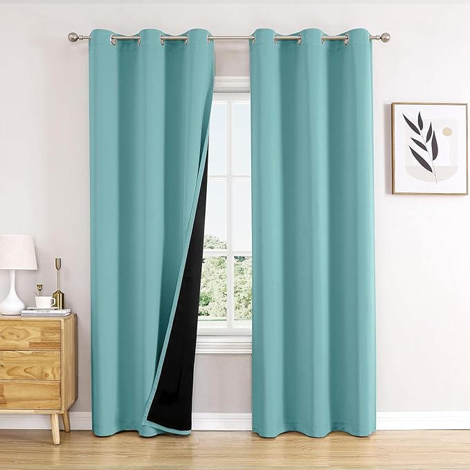 ChrisDowa 100% Blackout Curtains 78 inch Long for Bedroom with Black Liner, 2 Thick Layers Total Blackout Thermal Insulated Grommet Window Curtains 2 Panels Set (Aqua, 42 x 78 Inch)