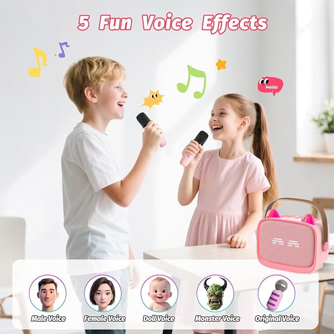 Mini Karaoke Machine Toys Gifts,Kids Portable MP3 Player with 2 Wireless Microphone and LED,Christmas Birthday Gifts for Girls Boys 3 4 5 6 7 8+ Year Old (Pink)