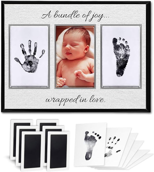 Baby Hand and Footprint Kit with Photo & Birth Details, Inkless Hand and Footprint Kit, Newborn Keepsake Plaque, Baby Shower Gifts (STYLE 2 (Baby Shower) (A Bundle Of Joy))
