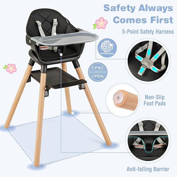 BABY JOY Baby High Chair, 6 in 1 Convertible Wooden High Chair for Babies & Toddlers with Adjustable Legs, Double Removable Tray, Safety Harness & Waterproof PU Cushion (Black)