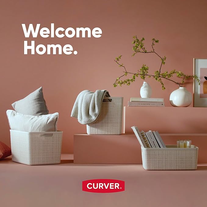 Curver Jute Decorative Plastic Organization and Storage Basket Perfect Bins for Home Office, Closet Shelves, Kitchen Pantry and All Bedroom Essentials, Slim, White, Set of 8