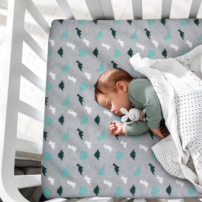 Mini Crib Sheets Set, 4 Pack - Portable Sheets (38" X 24") | Multiuse for Pack n Play, Playard, Playpen, Crib - Dinosaurs