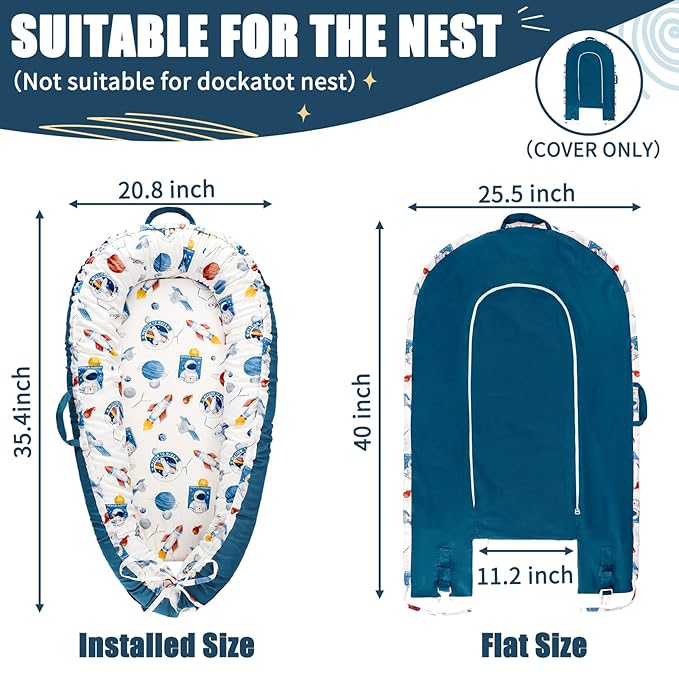 Baby Lounger Cover for Boys Girls, Reversible Baby Nest Cover, Adjustable Baby Lounger Replaceable Cover for Infant Newborn, Portable and Machine Washable, Cotton Blue Rocket Cover Only