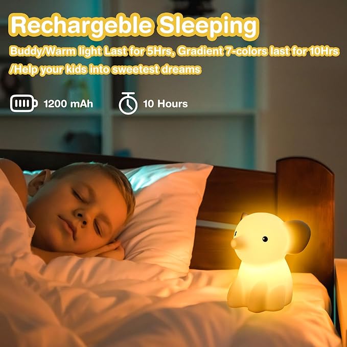 Cute Elephant Night Light for Kids, Adorable Room Decor for Boys Girls Birthday/Christmas Gifts, 5 Color, USB Rechargeable Silicone Night Lamp, Animal Lamp Gift, Safe Nursery Light for Toddlers