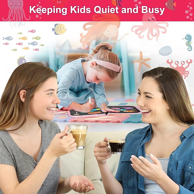 Erasable Doodle Set for Kids - Reusable Magic Drawing Book with 12 Watercolor Pens 14 Page Drawing, Road Trip Car Game Writing Painting Set for Boys and Girls (Mermaid)