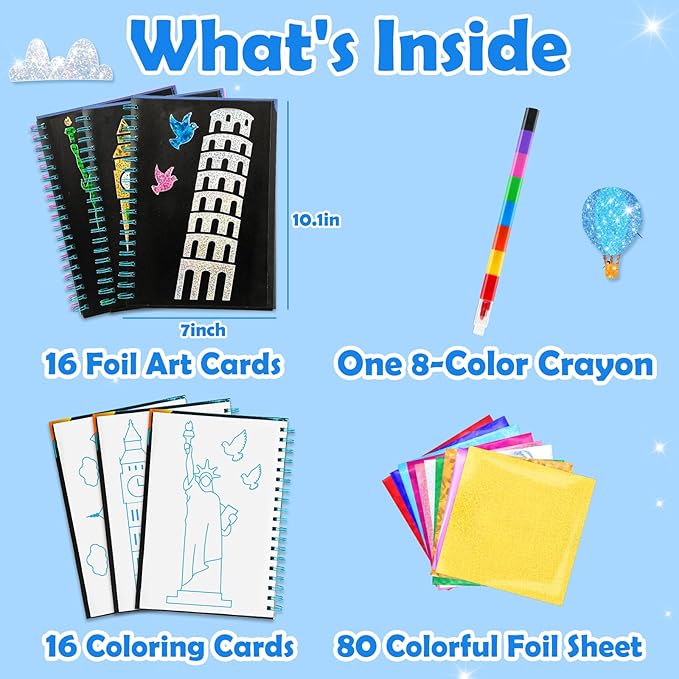 FUNNYB&G Foil Art Craft Activity for Kids - Gift for Girls Boys Crafts for Kids Fun Art Supplies DIY Creative Travel Toys, Birthday Gift Party Favor Toys for Girls 4 5 6 7 8 9 Years Old(Buildings)