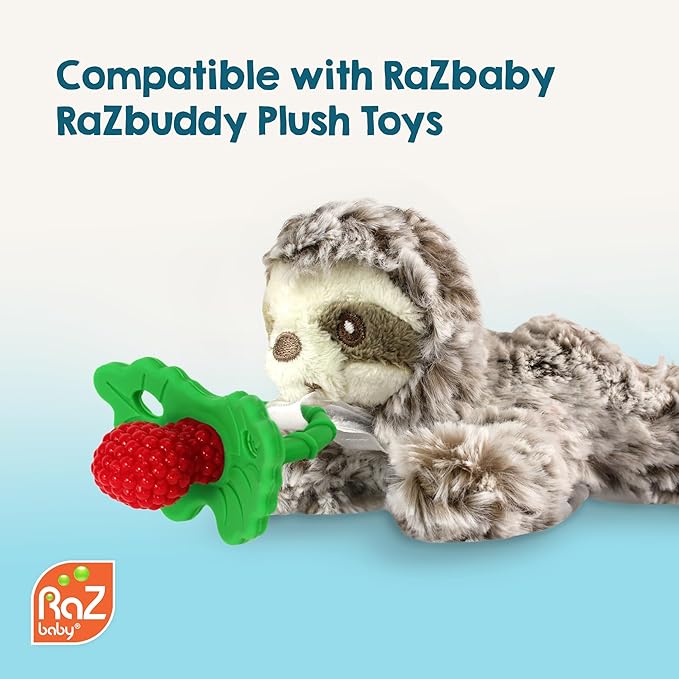 RaZbaby RaZberry Silicone Teether Pacifier – Teething Relief for Infants, Food-Grade, BPA-Free, Hands-Free Design, Natural Berrybumps Fruit Texture for Sensory Development, Freezable – Red
