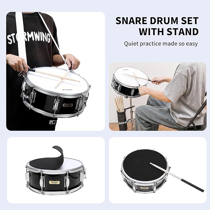 Snare Drum Kit, 14" x 5.5" Marching Snare Drum + Storage Padded Bag + Silent Mute Pad + Pair Of 5A Drumsticks + Drums Key, Portable Drums Hardware Set for Adults Kids Student Beginners (Black)