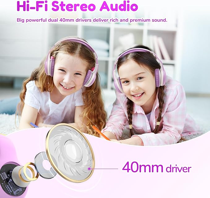 EarFun K2 Kids Bluetooth Headphones, Kids Headphones with Volume Limited, 40H Playtime, Built-in Mic, Stereo Sound, Foldable Over-Ear Headphone for School/Travel/iPad/Tablet, Violet