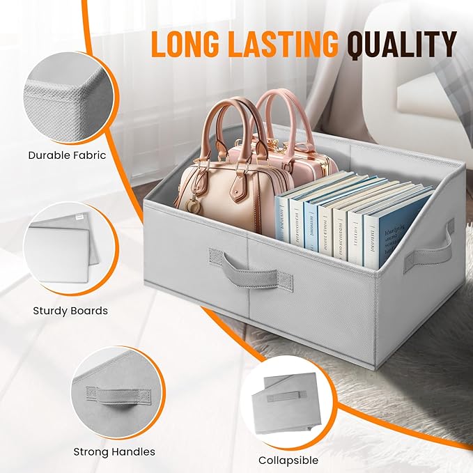 Criusia 4 Pack Large Closet Shelf Organizer Bins with Handles - Fabric Trapezoid Storage Baskets for Clothes, Towel, Blanket, Purse, Hats