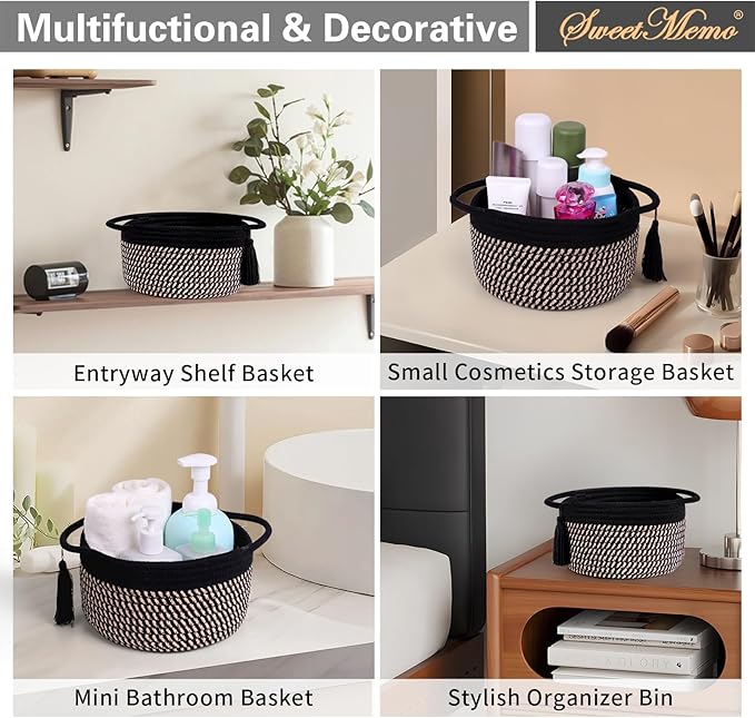 Empty Gift Basket - SweetMemo Mini Woven Rope Organizer Baskets for Baby Shower, Vanity, Makeup Brushes, Bathroom, Shelves, Desk - Small Decorative Storage Bins - Set of 2, Pre-Shaped, Black Brown