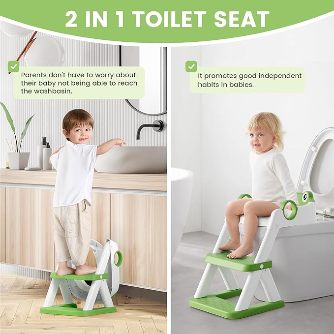 Frog Toilet Seat, Potty Training Seat for Toddler, Upgrade Potty Training 2 in 1 Toddler Toilet Seat for Boys Girls,Waterproof Soft Mat Non-Slip Step Stool