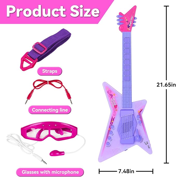 Guitar and Microphone Play Set with Glasses,Music Toys with Music&Light,Kids Karaoke Machine,Music Instruments for Toddlers,Girls,Perschool Educational Toys Gift for Children