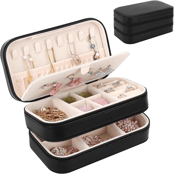 DesignSter Small Travel Jewelry Box with Double Zipper, 2 Layers PU Portable Jewelry Case for Women and Girls,Travel Jewelry Organizer for Rings, Earrings, Necklaces, Bracelets,Black
