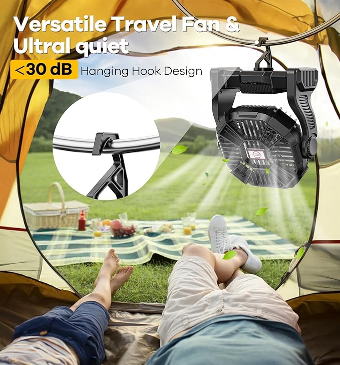 15000mAh Portable Battery Powered Camping Fan - with LED Light, Quiet Battery Operated, Camping Gear for Travel, Tent, Beach, Car or Hurricane Power Outages，Black