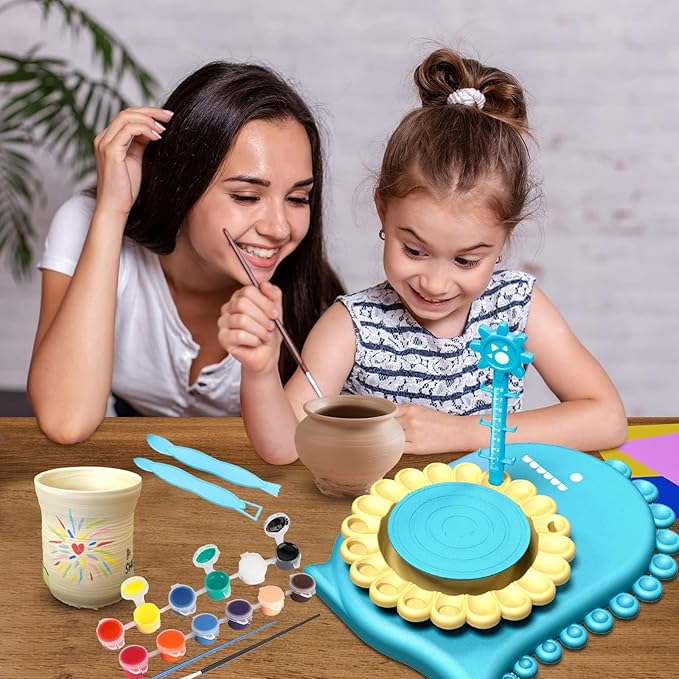 HTUONIAO Dinosaur Pottery Wheel Kit for Kids Ages 6-12 with 3 Air Dry Clays & Tools - Complete Arts and Crafts Studio for Beginners, Creative Gift for Boys and Girls