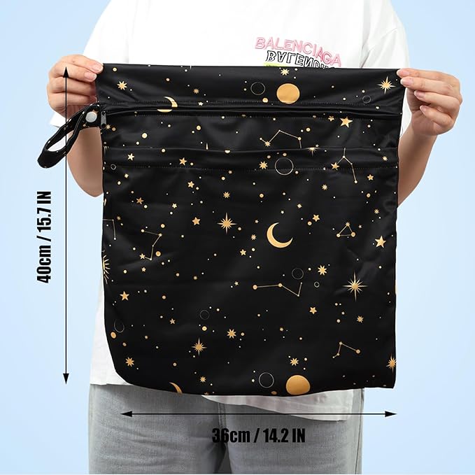 2pcs Cloth Diaper Wet Dry Bags, Waterproof Reusable Wet Bag with 2 Zipper Pockets & Handle, Washable Laundry Bags for Baby Adult Clothes Travel Beach Pool Daycare Yoga Gym Exercise Swimsuits,