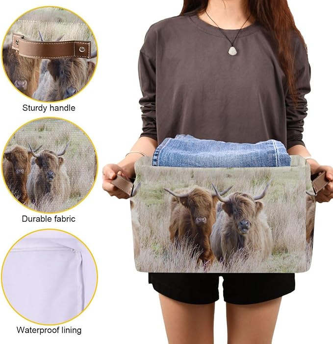 Highland Cows Storage Basket Cube Storage Bins Organizer Bag Collapsible Closet Shelf Baskets with handle for Baby Cloth Pet Toy Book 14.2×10.2×8.3 IN