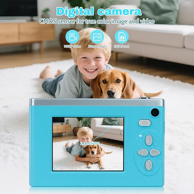 Digital Camera FHD 1080P Video & 8X Digital Zoom - Compact Point and Shoot Digital Camera with 2.4" Screen, 800mAh Rechargeable Battery - Portable Small Camera for Kids Teens Girls Boys (Teal)