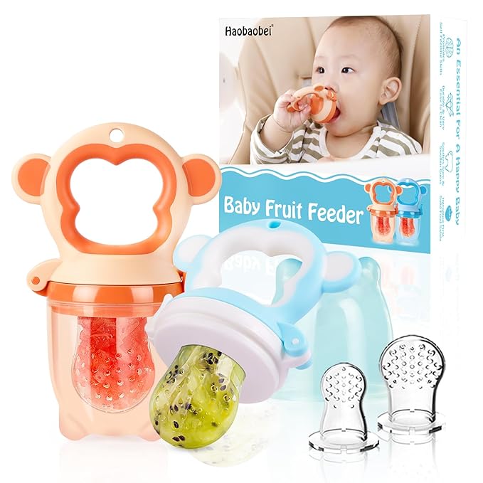 Baby Fresh Fruit Feeder Pacifier, 2 Pack HAOBAOBEI Baby Teether for Chewing, Freezable Infant Teething Toy, Teething Relief, Food Feeder with 4 Silicone Pouch, BPA Free - Monkey (Orange & Blue)
