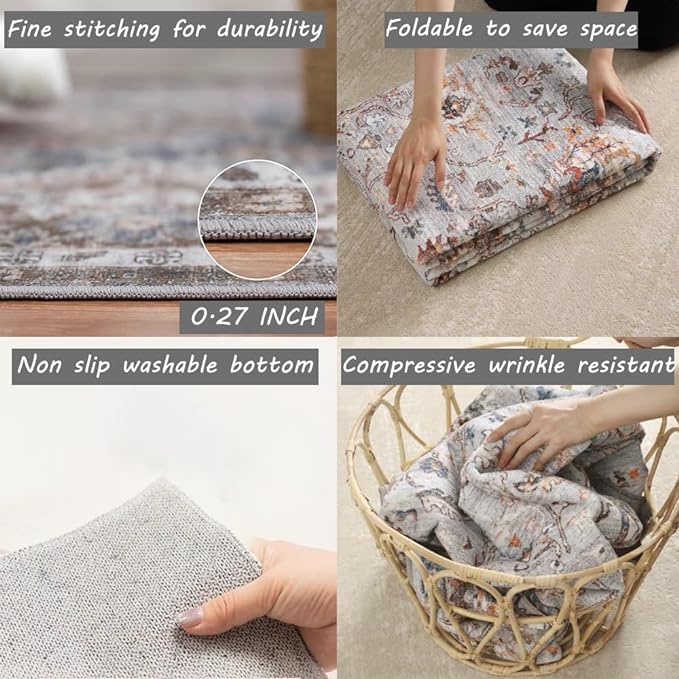 Washable Area Rug 5x7 Retro Boho Chic Medallion Distressed Design Living Room Indoor Non-Slip Large Oriental Accent Throw Rug for Kitchen Bedroom Office Carpet