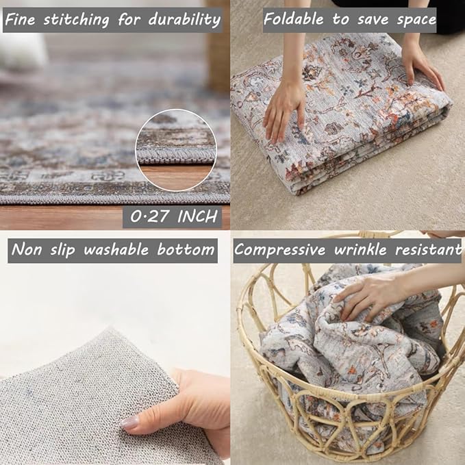 Washable Area Rug 5x7 for Living Room Retro Boho Chic Medallion Distressed Design Indoor Non-Slip Large Oriental Accent Throw Rug for Kitchen Bedroom Office Carpet