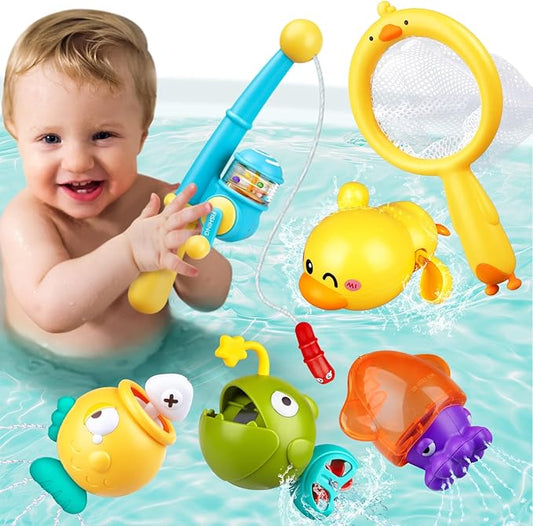 Baby Bath Toys for Kids Ages 1-3, Magnetic Fishing Games with Floating Bathtub Wind-Up Toys & Fishing Net, Fishing Rod Water Pool Toys for Toddlers 1-3