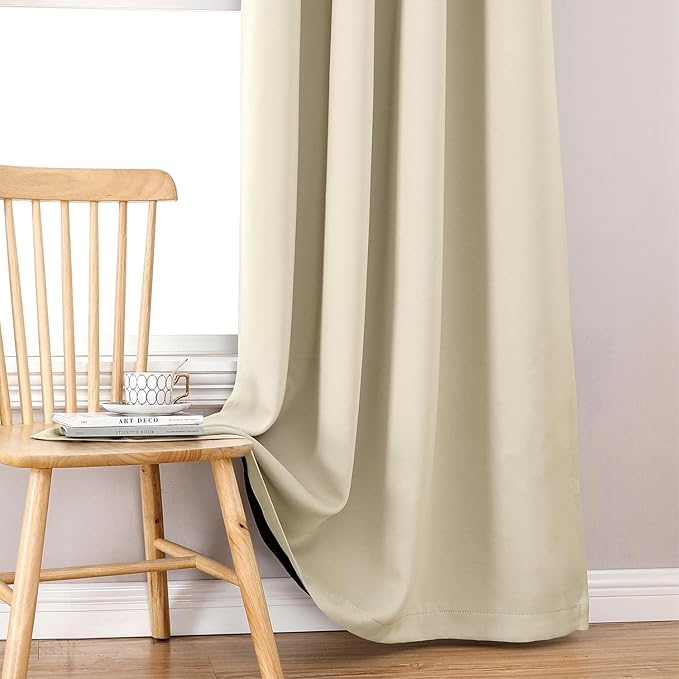 ChrisDowa 100% Blackout Curtains 80 inch Long for Bedroom with Black Liner, 2 Thick Layers Total Blackout Thermal Insulated Grommet Window Curtains 2 Panels Set (Light Beige, 52 x 80 Inch)