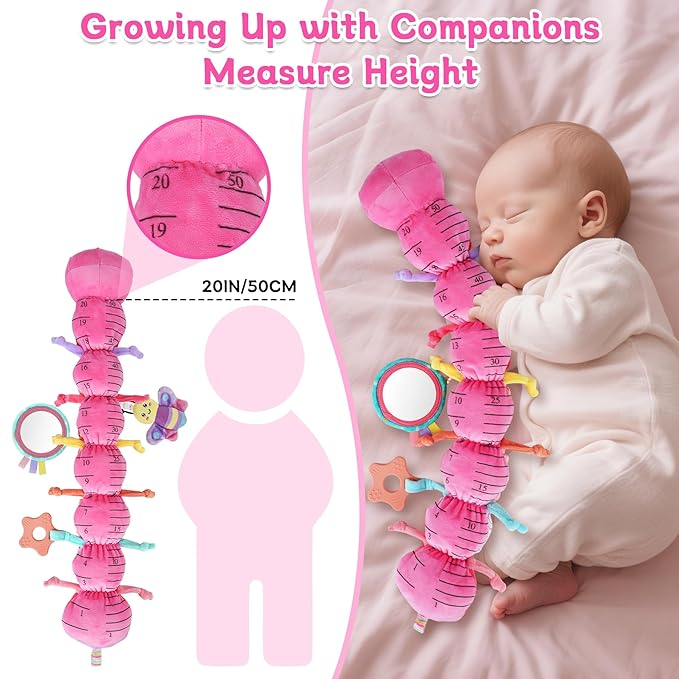 Baby Girls Toys 6-12 Months - Infant 6-in-1 Sensory Music Animal Stuffed Caterpillar Toy with Rattle & Mirror Crinkle for Tummy Time, Newborn 0 3 6 9 12 18 Shower Gifts Soothing Companion Toys, Pink